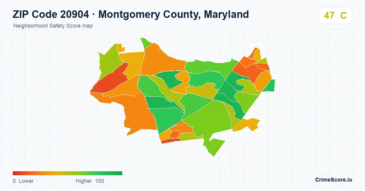 ZIP Code 20904 in Montgomery County, Maryland neighborhood Safety Score map