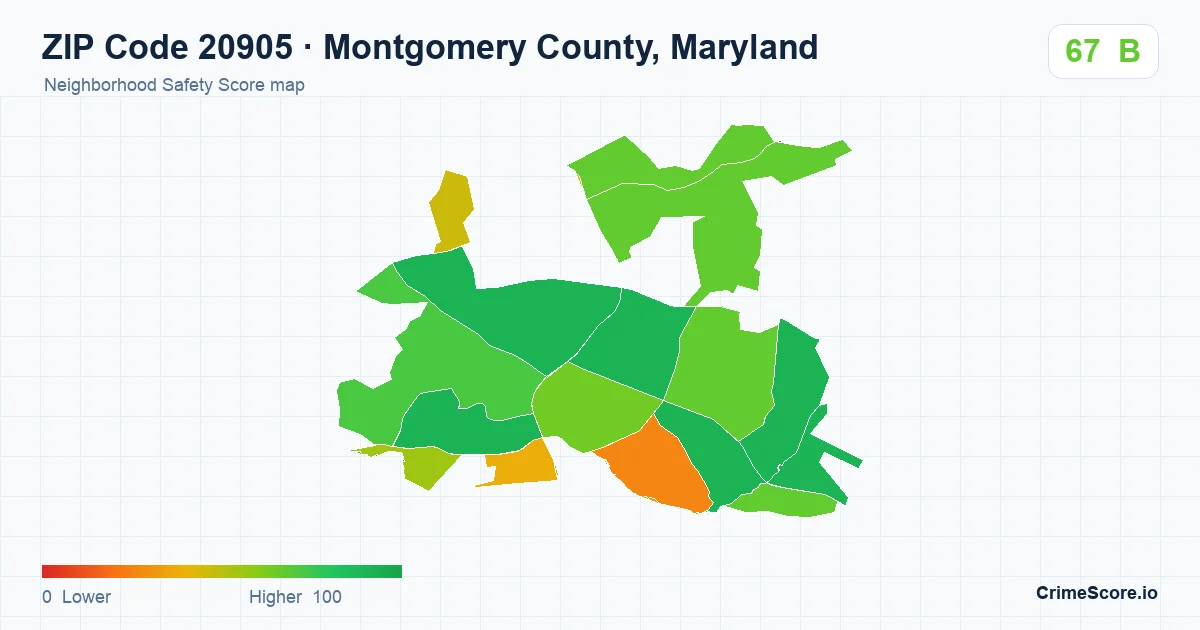 ZIP Code 20905 in Montgomery County, Maryland neighborhood Safety Score map