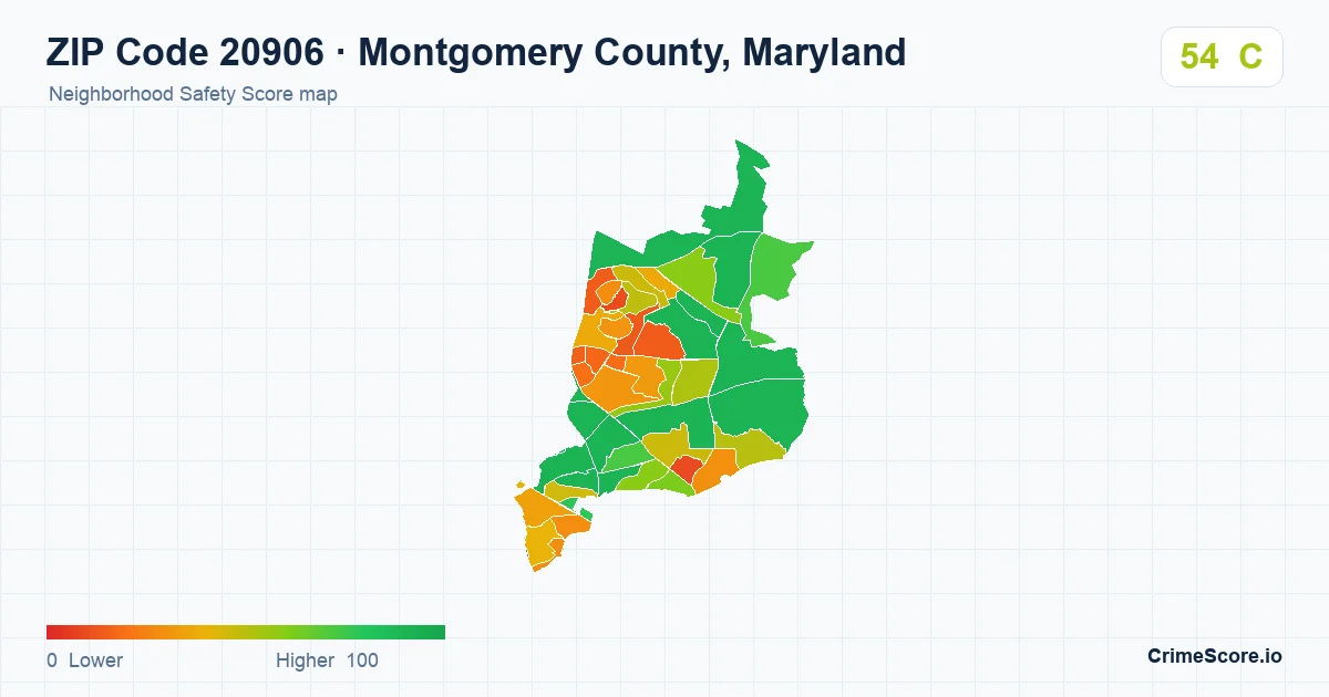 ZIP Code 20906 in Montgomery County, Maryland neighborhood Safety Score map