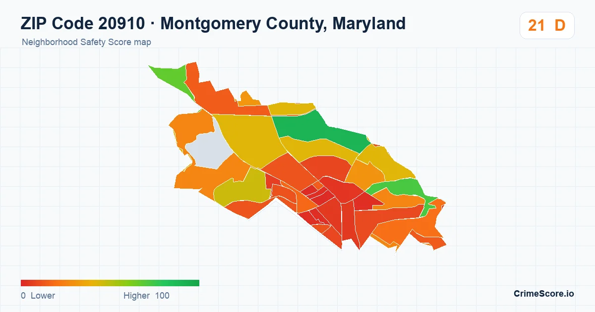 ZIP Code 20910 in Montgomery County, Maryland neighborhood Safety Score map