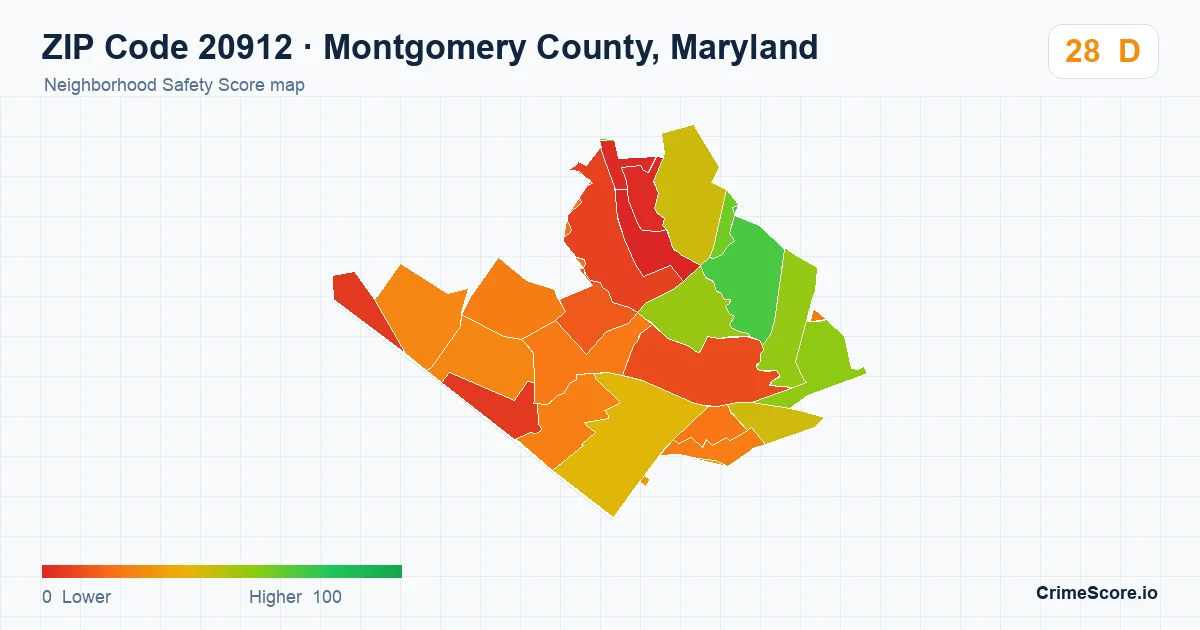 ZIP Code 20912 in Montgomery County, Maryland neighborhood Safety Score map