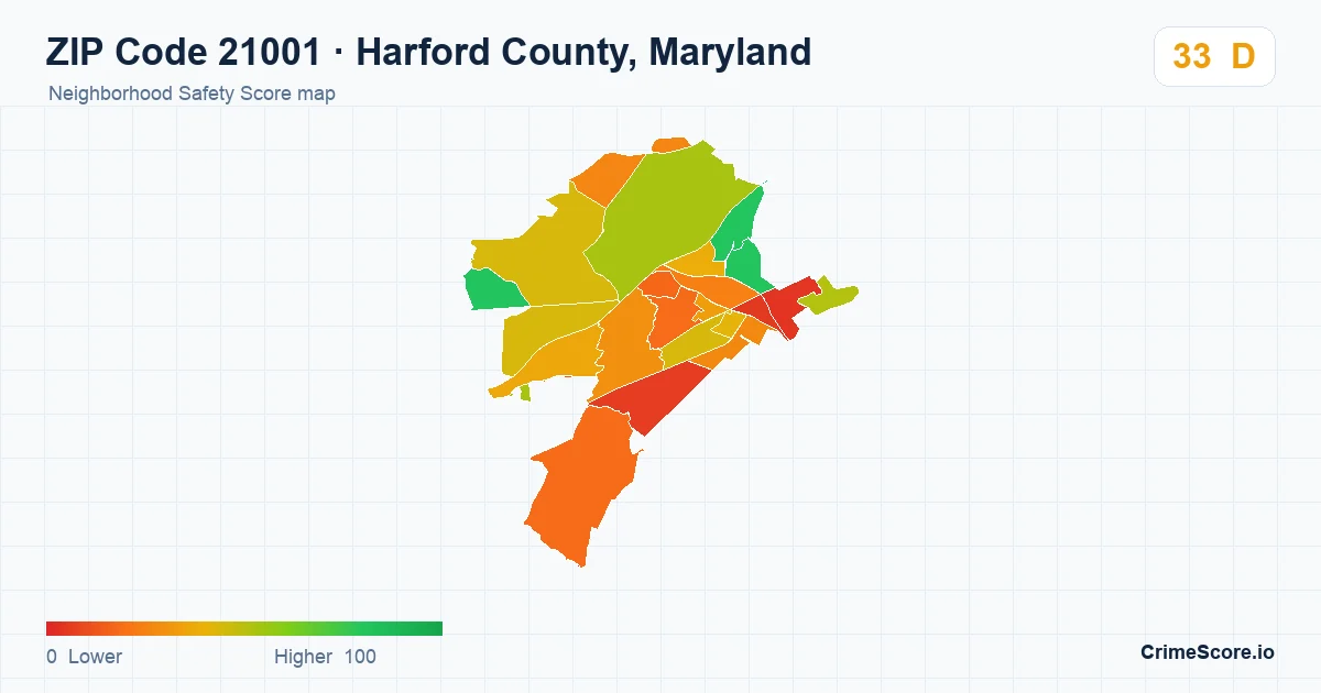 ZIP Code 21001 in Harford County, Maryland neighborhood Safety Score map