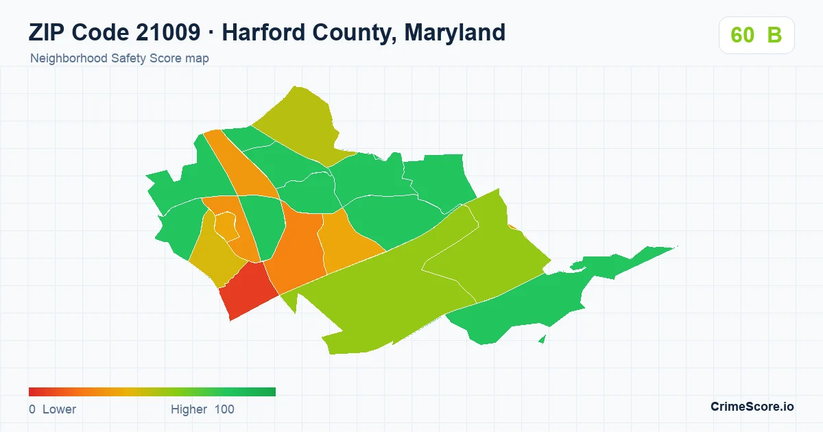 ZIP Code 21009 in Harford County, Maryland neighborhood Safety Score map