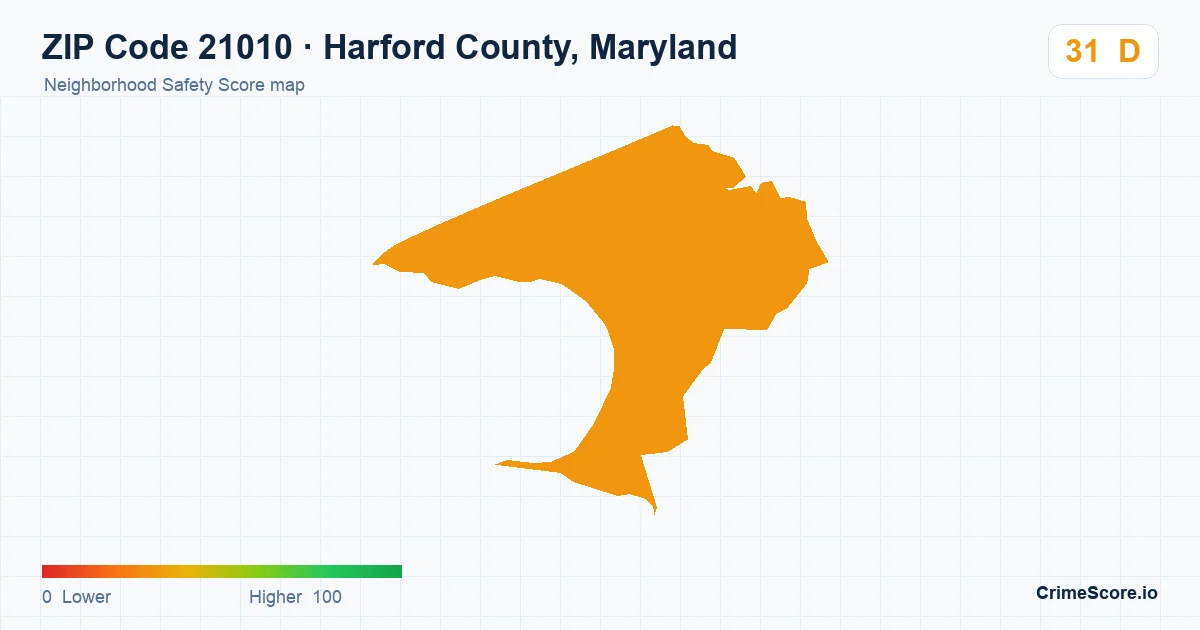 ZIP Code 21010 in Harford County, Maryland neighborhood Safety Score map