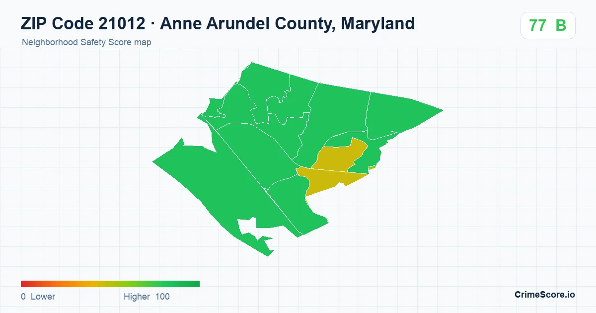 ZIP Code 21012 in Anne Arundel County, Maryland neighborhood Safety Score map