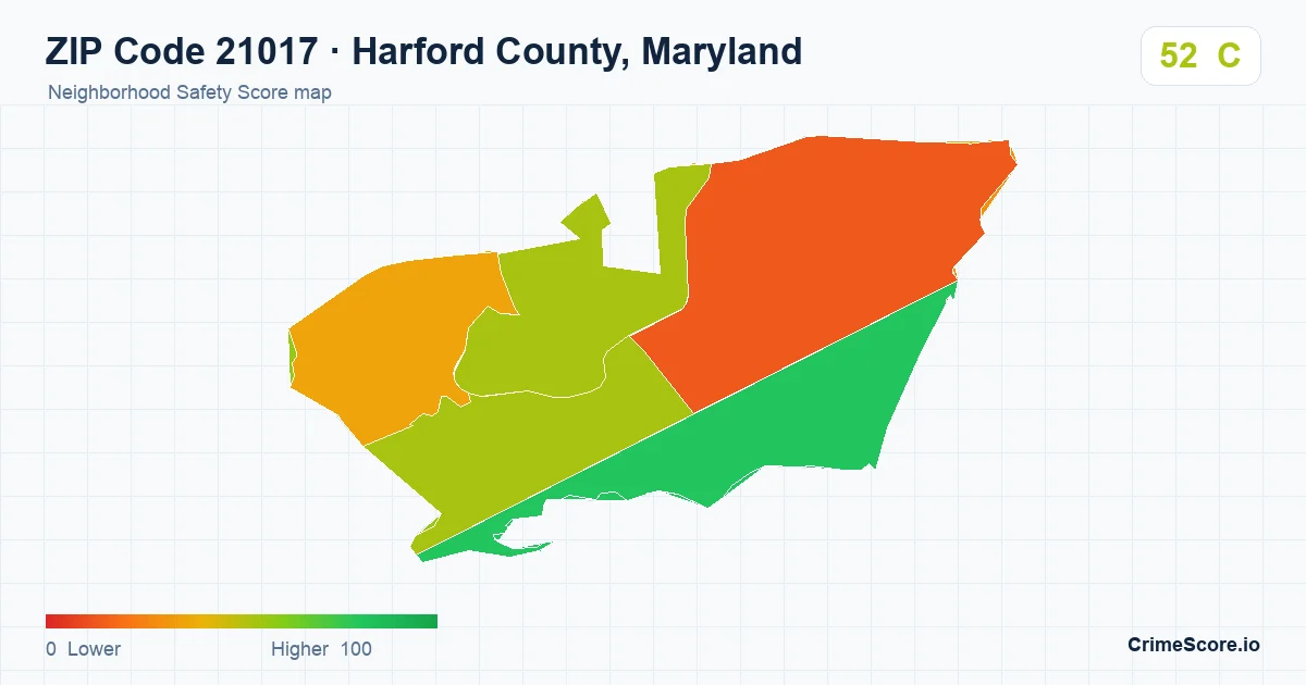 ZIP Code 21017 in Harford County, Maryland neighborhood Safety Score map
