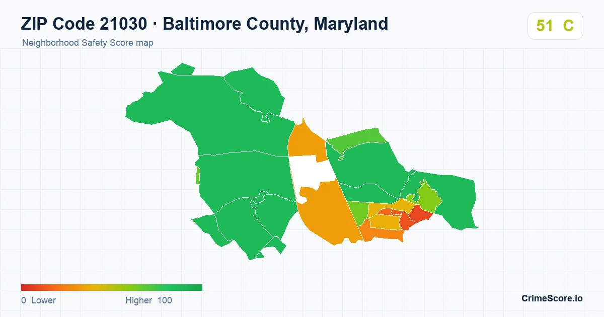 ZIP Code 21030 in Baltimore County, Maryland neighborhood Safety Score map