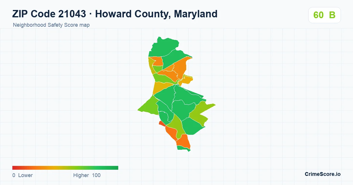 ZIP Code 21043 in Howard County, Maryland neighborhood Safety Score map