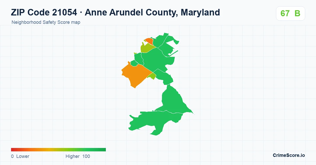 ZIP Code 21054 in Anne Arundel County, Maryland neighborhood Safety Score map