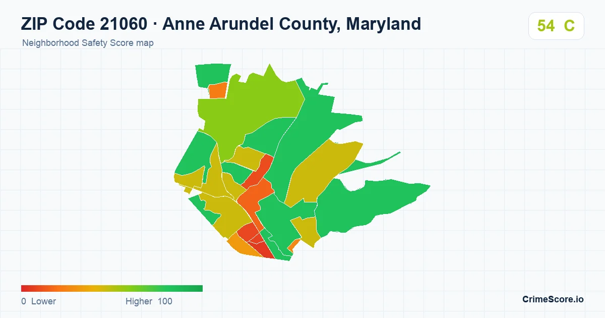 ZIP Code 21060 in Anne Arundel County, Maryland neighborhood Safety Score map