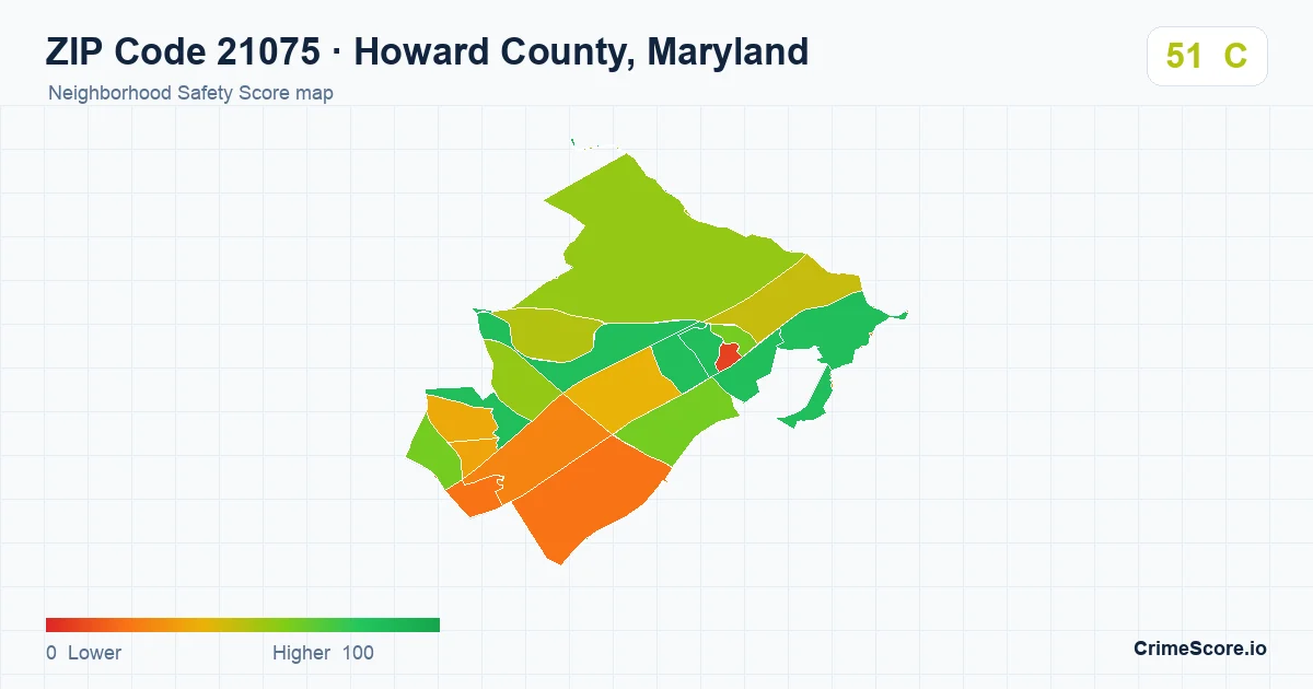 ZIP Code 21075 in Howard County, Maryland neighborhood Safety Score map