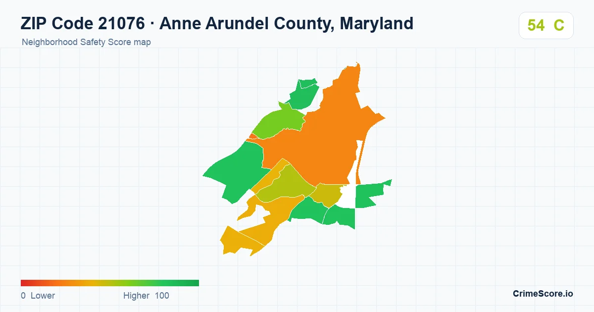 ZIP Code 21076 in Anne Arundel County, Maryland neighborhood Safety Score map