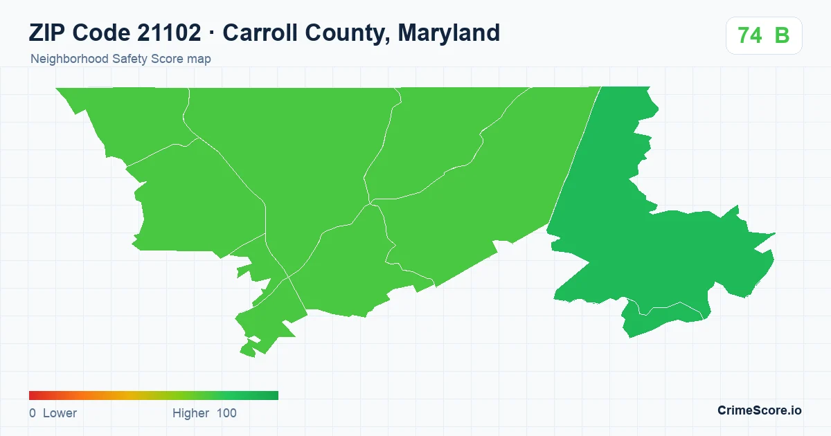 ZIP Code 21102 in Carroll County, Maryland neighborhood Safety Score map