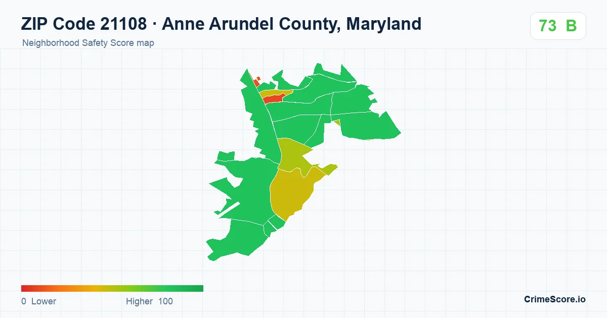 ZIP Code 21108 in Anne Arundel County, Maryland neighborhood Safety Score map