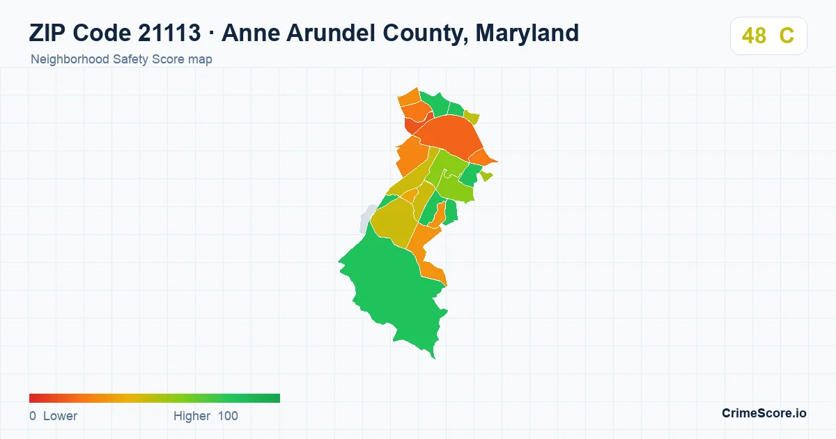 ZIP Code 21113 in Anne Arundel County, Maryland neighborhood Safety Score map