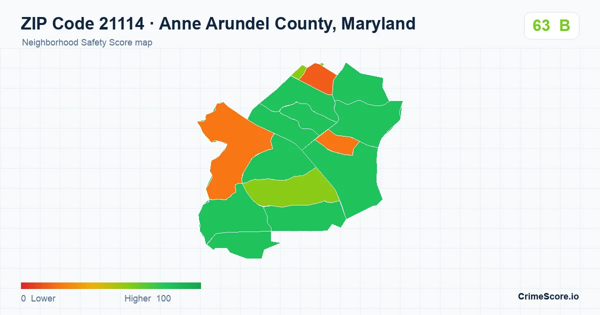 ZIP Code 21114 in Anne Arundel County, Maryland neighborhood Safety Score map
