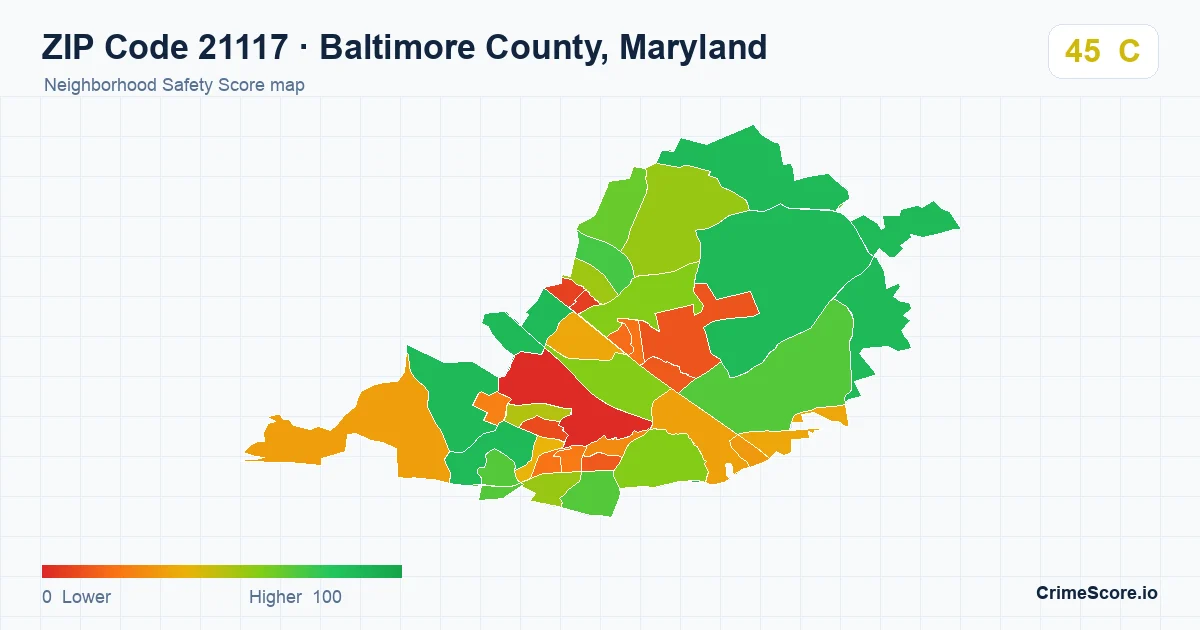 ZIP Code 21117 in Baltimore County, Maryland neighborhood Safety Score map