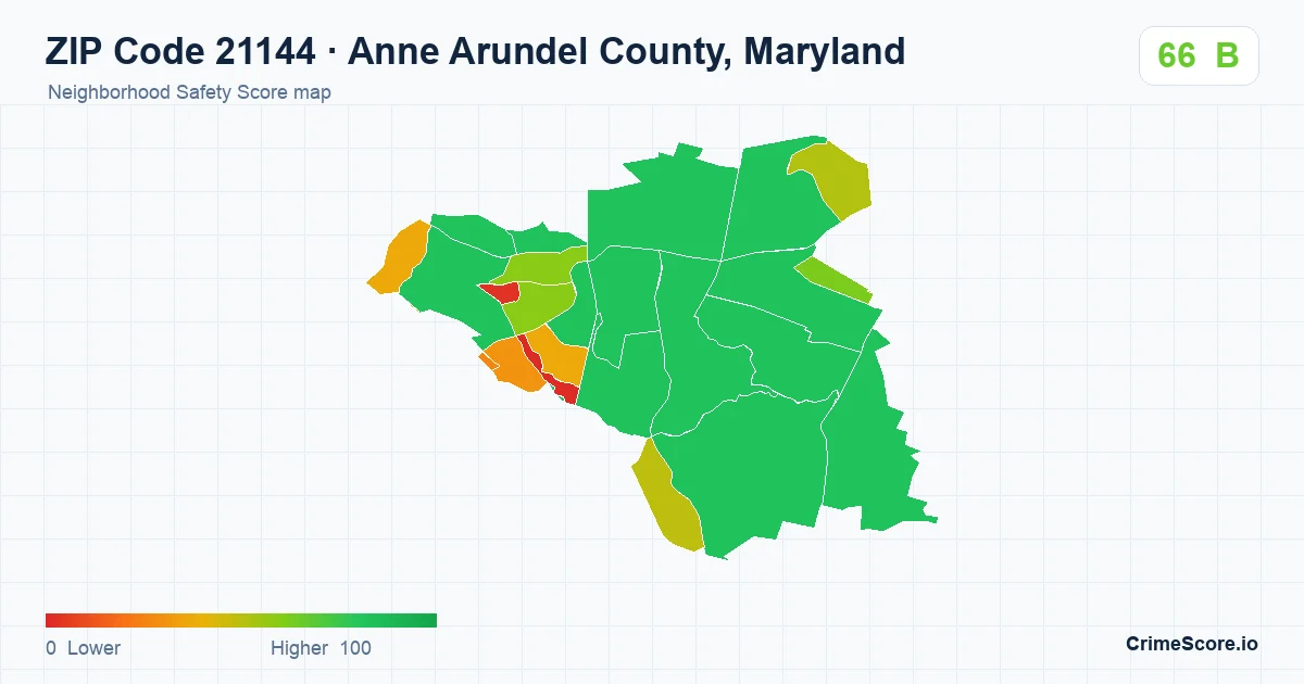 ZIP Code 21144 in Anne Arundel County, Maryland neighborhood Safety Score map