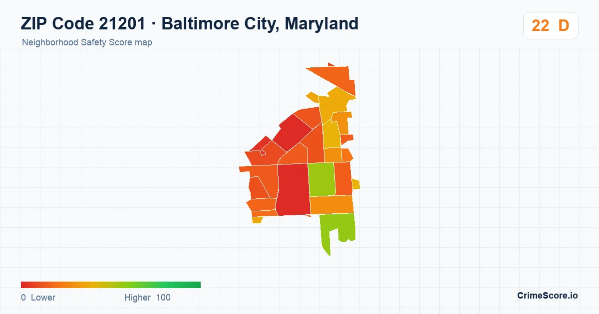 ZIP Code 21201 in Baltimore City, Maryland neighborhood Safety Score map