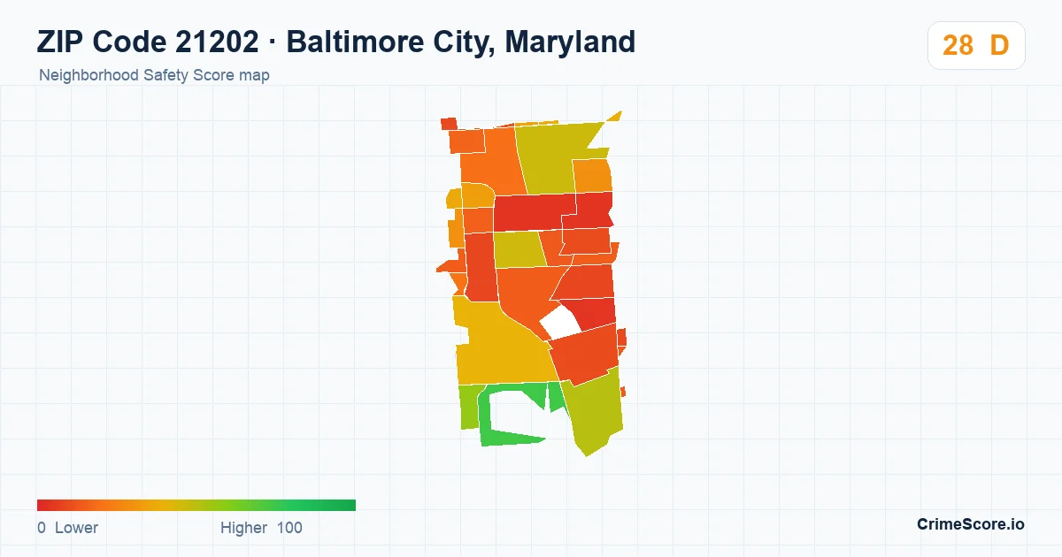 ZIP Code 21202 in Baltimore City, Maryland neighborhood Safety Score map