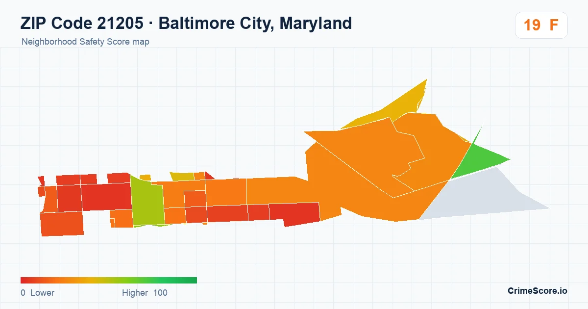 ZIP Code 21205 in Baltimore City, Maryland neighborhood Safety Score map