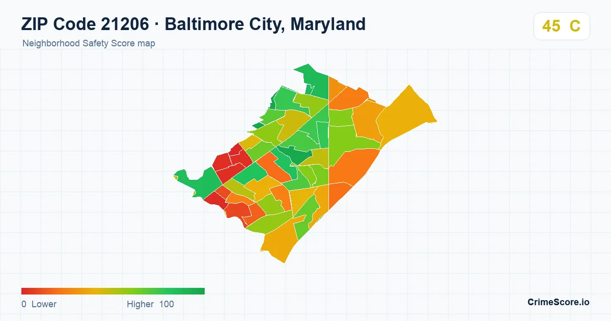 ZIP Code 21206 in Baltimore City, Maryland neighborhood Safety Score map