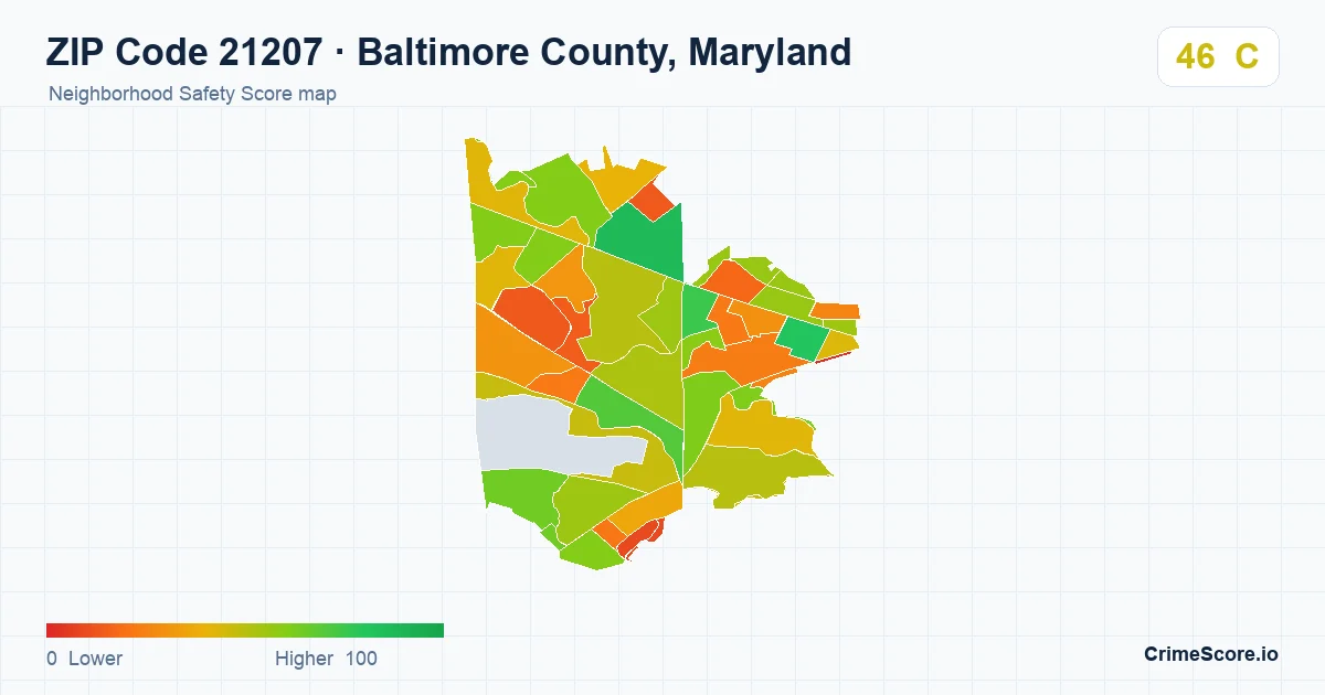 ZIP Code 21207 in Baltimore County, Maryland neighborhood Safety Score map