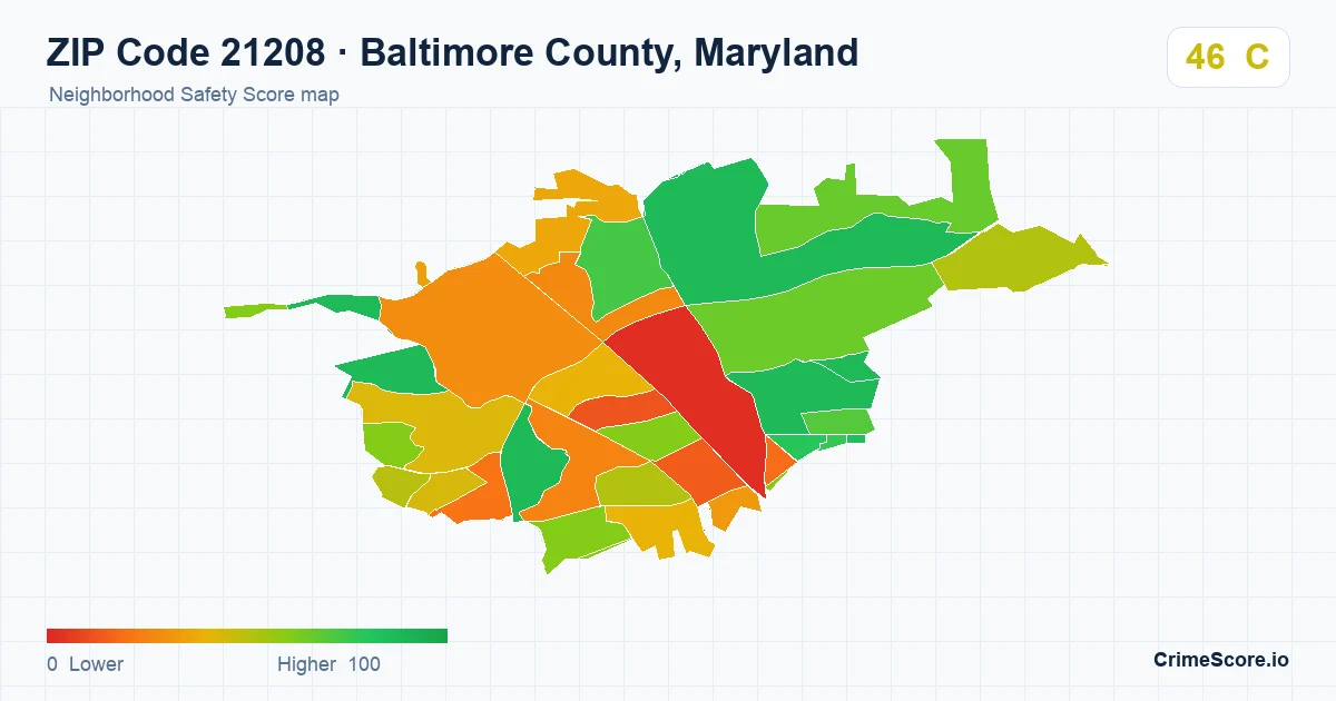 ZIP Code 21208 in Baltimore County, Maryland neighborhood Safety Score map