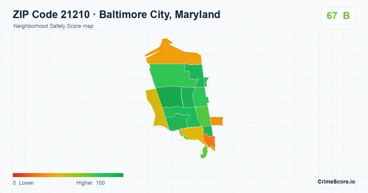 ZIP Code 21210 in Baltimore City, Maryland neighborhood Safety Score map