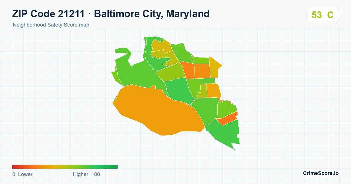 ZIP Code 21211 in Baltimore City, Maryland neighborhood Safety Score map