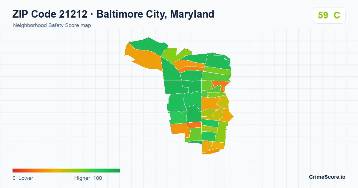 ZIP Code 21212 in Baltimore City, Maryland neighborhood Safety Score map