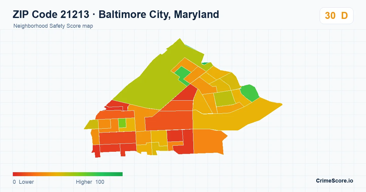 ZIP Code 21213 in Baltimore City, Maryland neighborhood Safety Score map