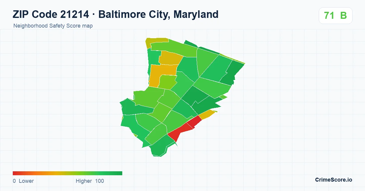 ZIP Code 21214 in Baltimore City, Maryland neighborhood Safety Score map