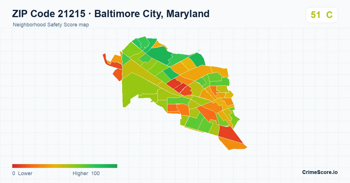 ZIP Code 21215 in Baltimore City, Maryland neighborhood Safety Score map