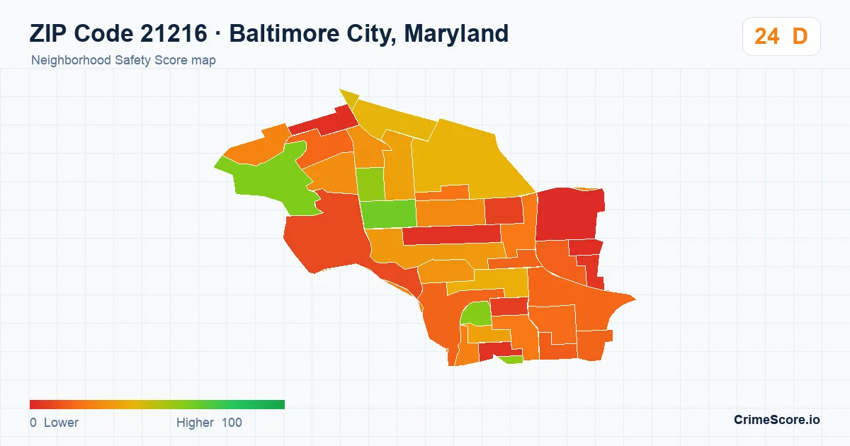 ZIP Code 21216 in Baltimore City, Maryland neighborhood Safety Score map