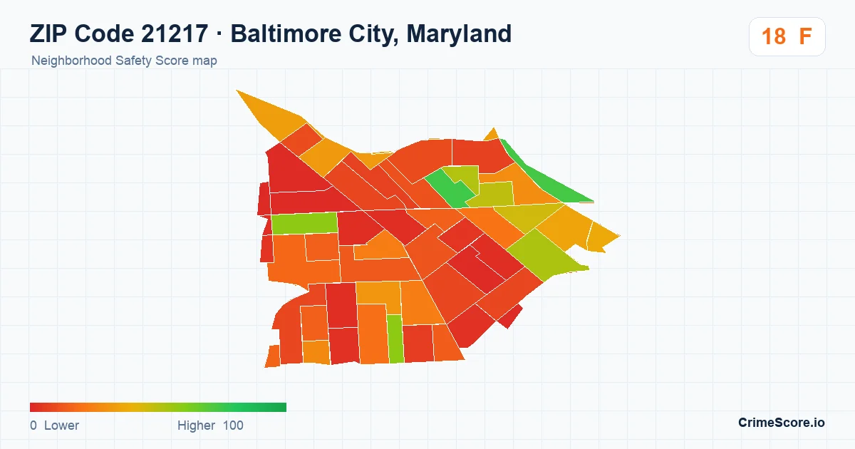 ZIP Code 21217 in Baltimore City, Maryland neighborhood Safety Score map