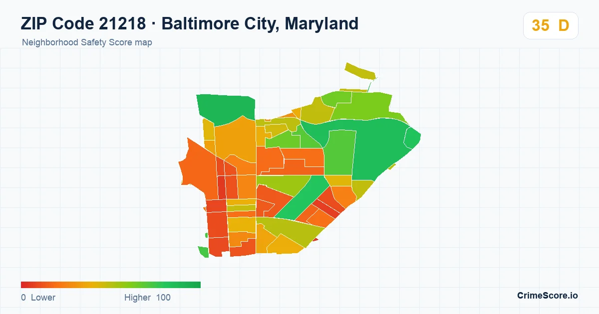 ZIP Code 21218 in Baltimore City, Maryland neighborhood Safety Score map