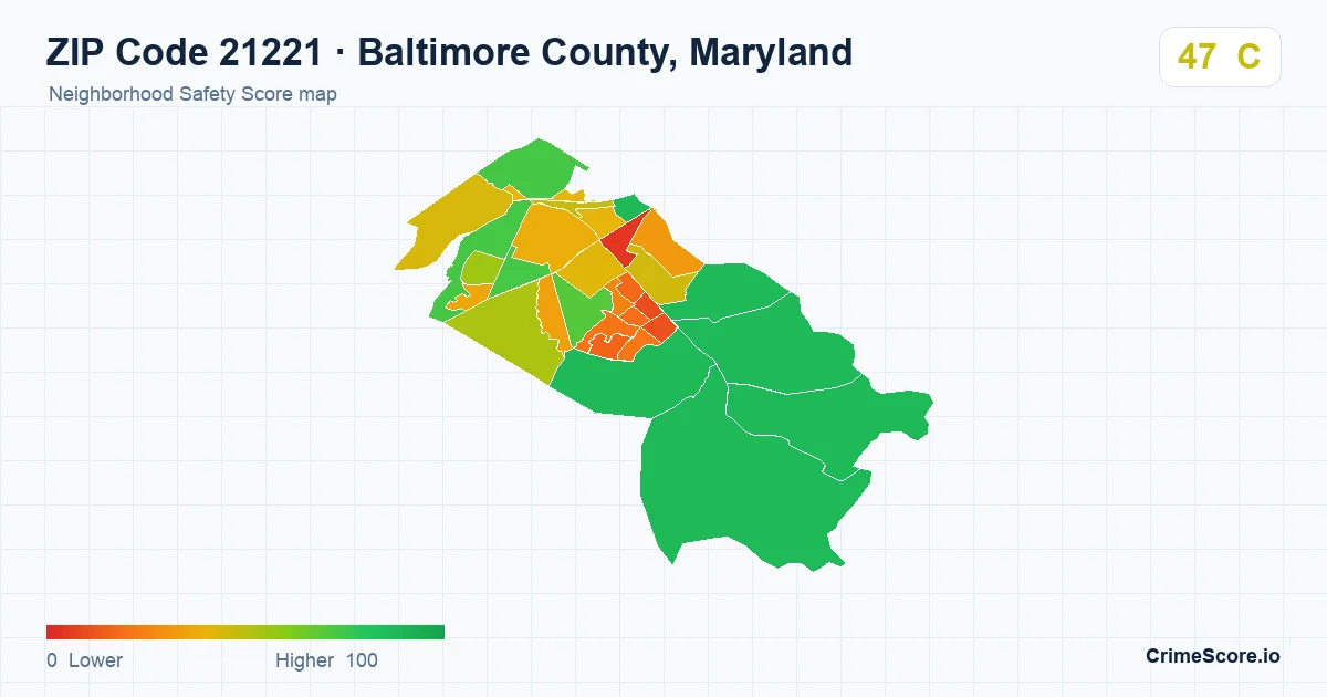 ZIP Code 21221 in Baltimore County, Maryland neighborhood Safety Score map