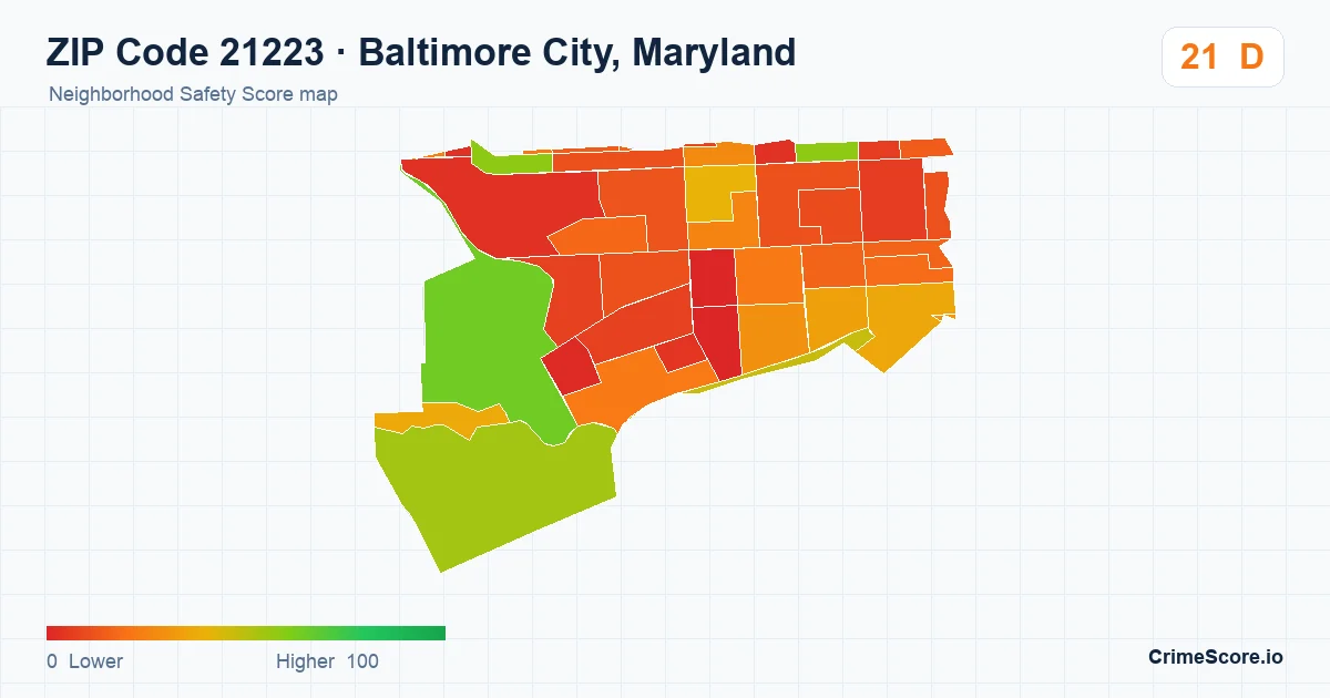 ZIP Code 21223 in Baltimore City, Maryland neighborhood Safety Score map