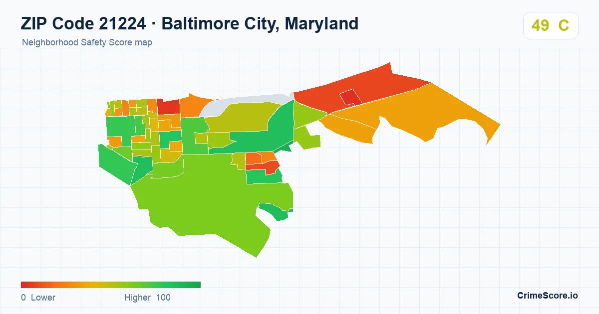 ZIP Code 21224 in Baltimore City, Maryland neighborhood Safety Score map