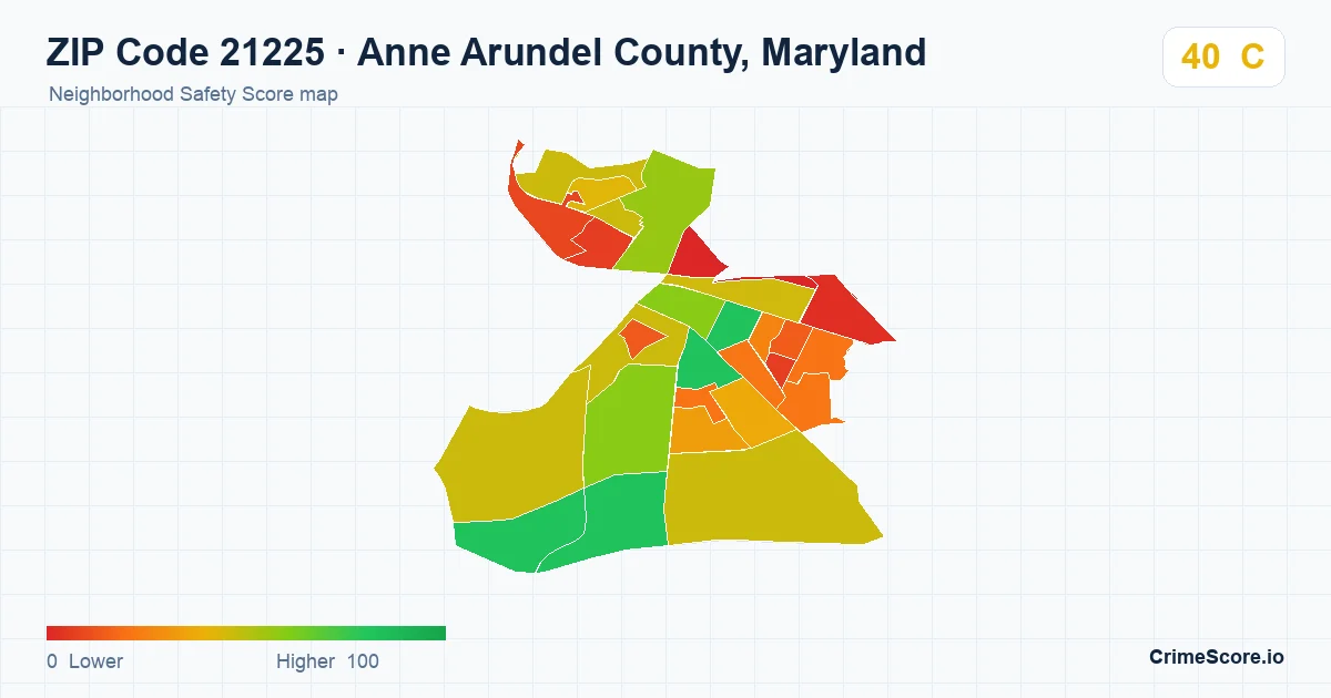 ZIP Code 21225 in Anne Arundel County, Maryland neighborhood Safety Score map