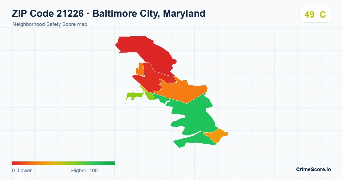 ZIP Code 21226 in Baltimore City, Maryland neighborhood Safety Score map