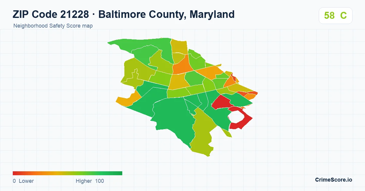ZIP Code 21228 in Baltimore County, Maryland neighborhood Safety Score map