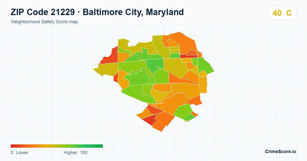ZIP Code 21229 in Baltimore City, Maryland neighborhood Safety Score map