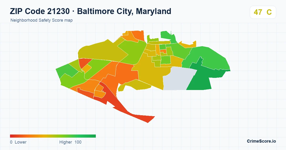 ZIP Code 21230 in Baltimore City, Maryland neighborhood Safety Score map