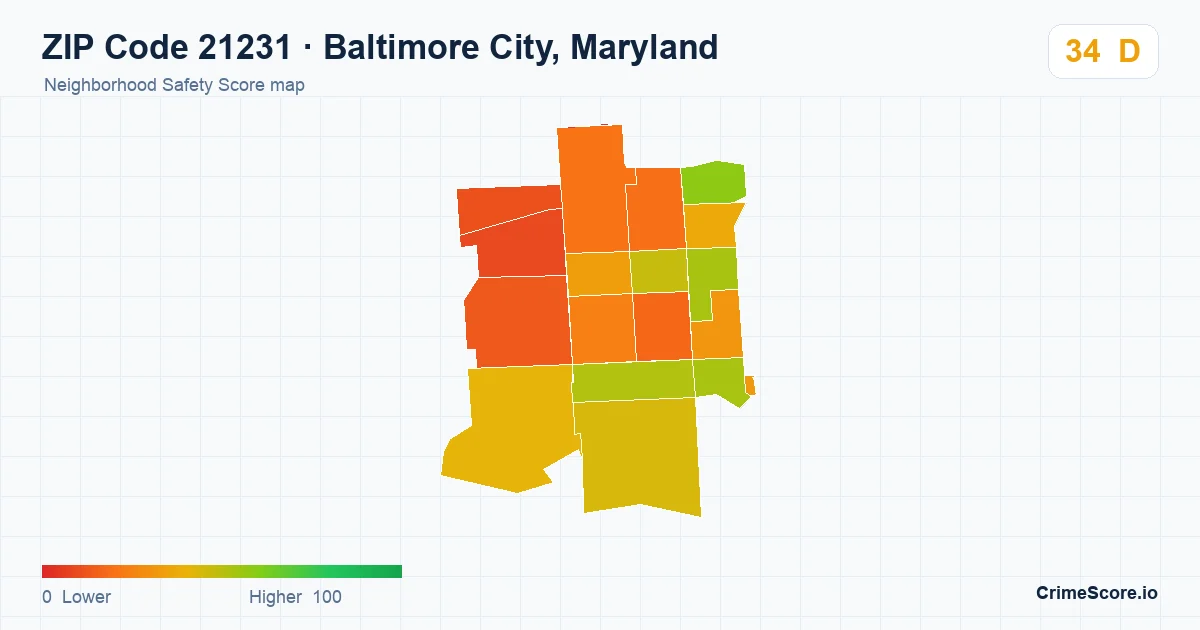 ZIP Code 21231 in Baltimore City, Maryland neighborhood Safety Score map