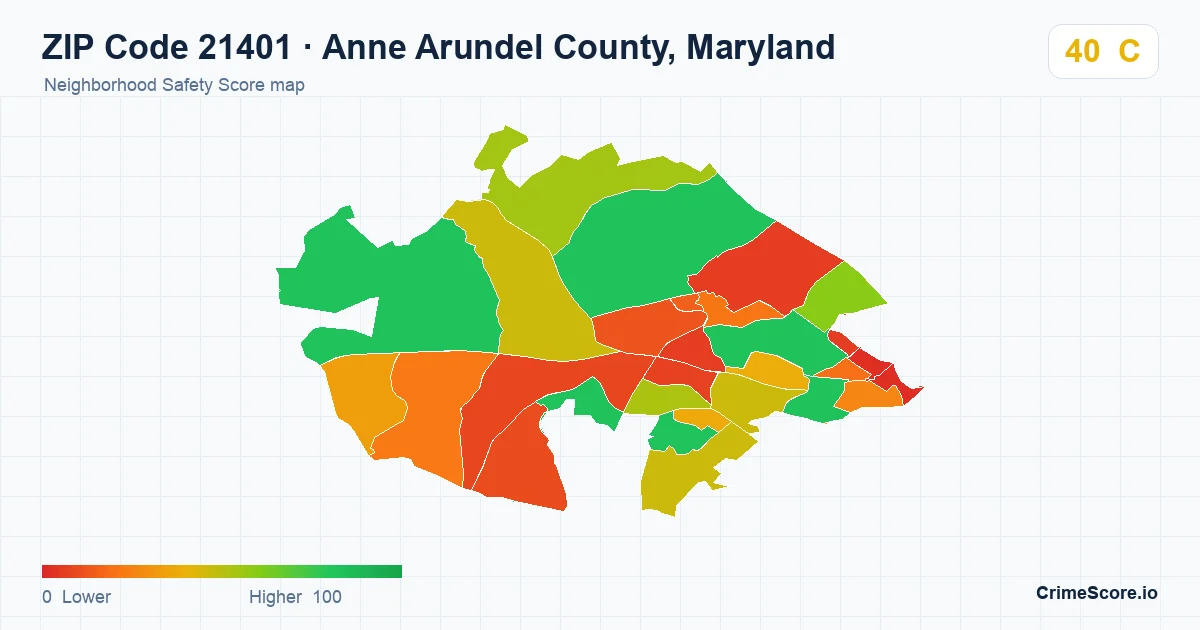ZIP Code 21401 in Anne Arundel County, Maryland neighborhood Safety Score map