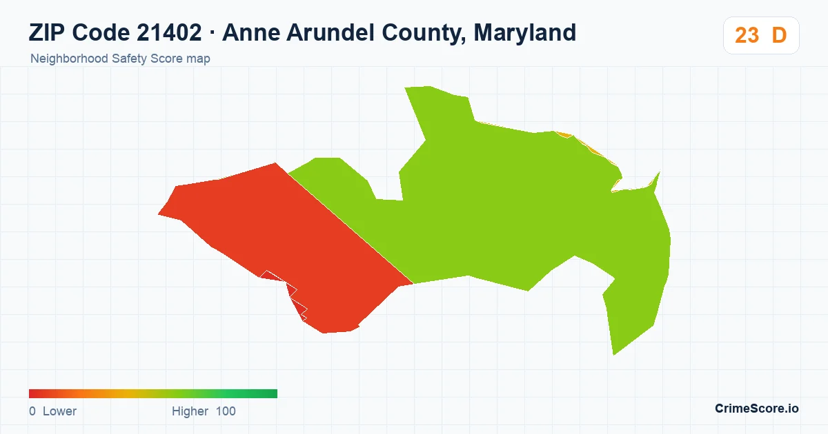 ZIP Code 21402 in Anne Arundel County, Maryland neighborhood Safety Score map