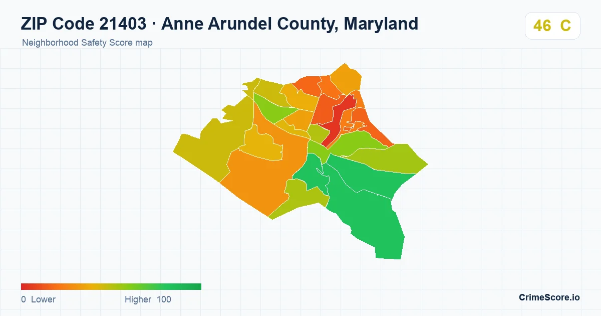 ZIP Code 21403 in Anne Arundel County, Maryland neighborhood Safety Score map