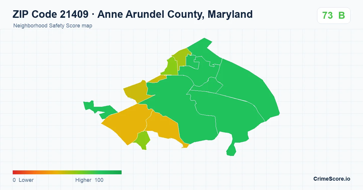 ZIP Code 21409 in Anne Arundel County, Maryland neighborhood Safety Score map